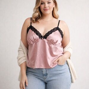 Pink Satin Lace Trim Babydoll Cami XL Women Silky Y2K Coquette Lingerie Style